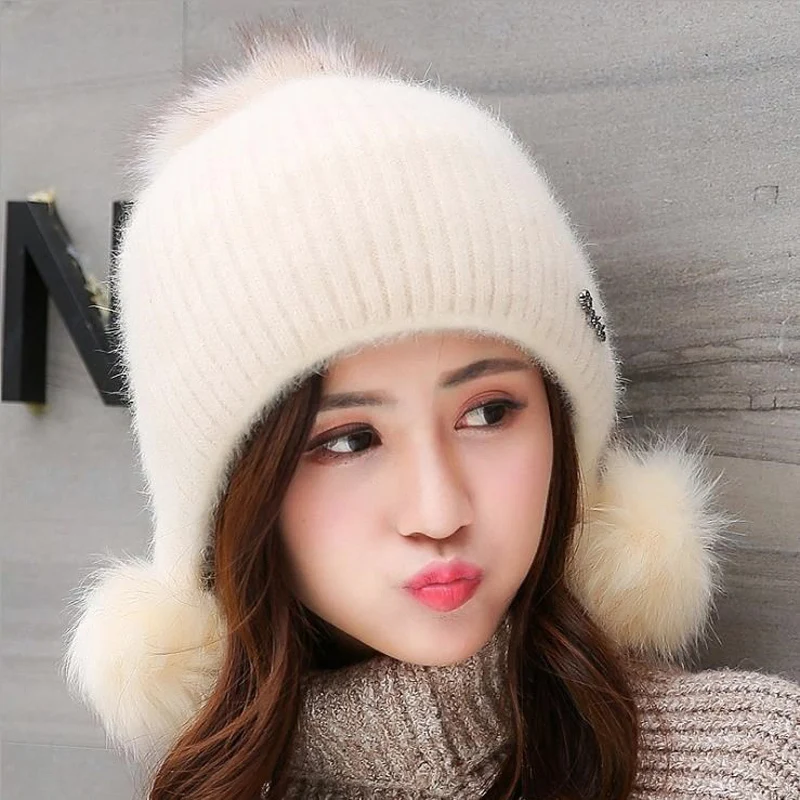 Simple Girl Thicken Ski Snow Cap New Fashion Fur PomPoms Winter Wool Women Beanie Hats Female Skullies Warm Knit Hat Set