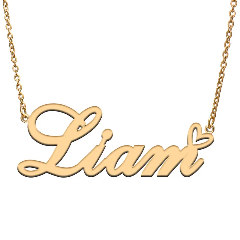 Liam Name with Love Heart Necklace for Women Stainless Steel Necklace Nameplate Pendant Collar Femme Mother Girls Gift