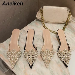 Aneikeh Summer Fashion Women's Thin Heels Outside String Bead Basic Solid Flock  Pointed Toe Slippers Shallow Black Size 35-42