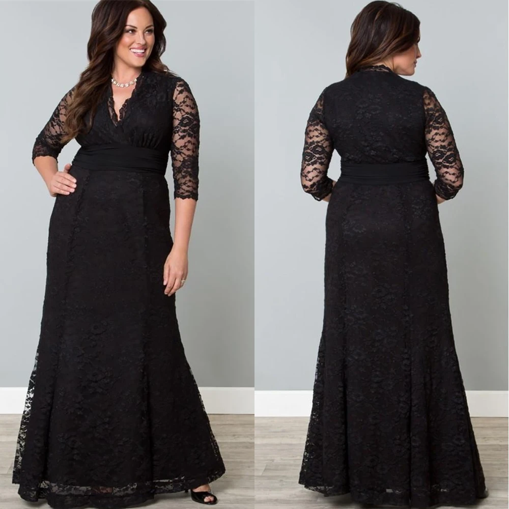 

New A Line Black Gown Lace Plus Size Prom Party Gown Evening Dresses Formal Dress Floor-Length V-Neck Three Quarter