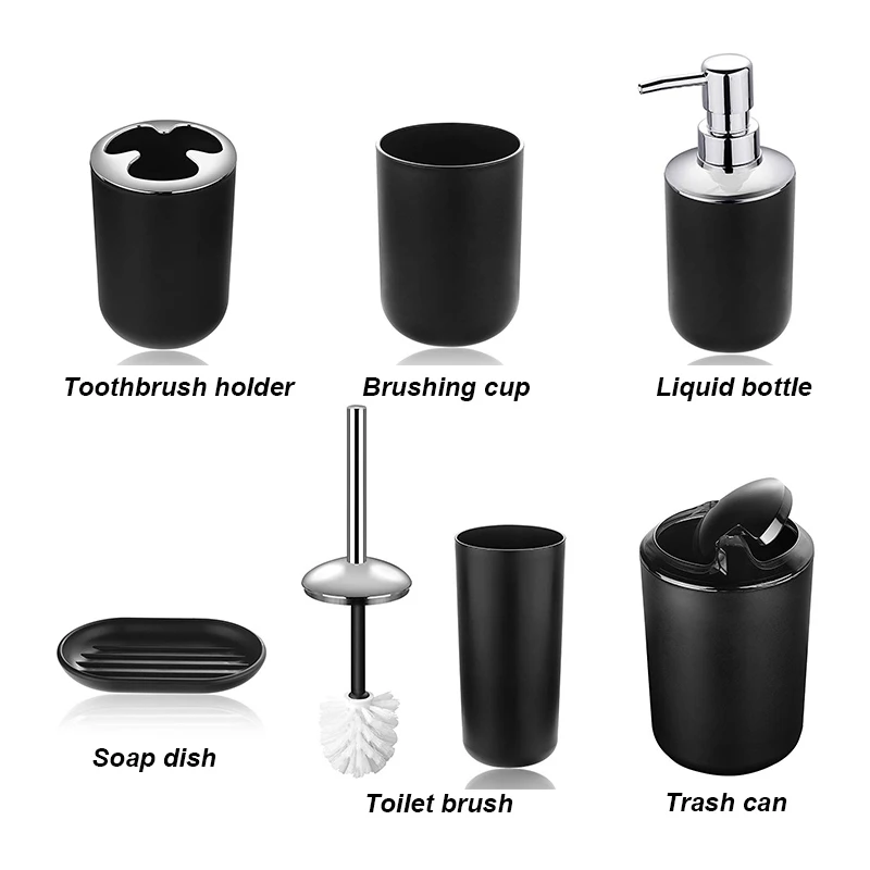 GOALONE 6Pcs/Set Luxury Bathroom Accessories Plastic Toothbrush Holder Cup Soap Dispenser Dish Toilet Brush Holder Trash Can Set