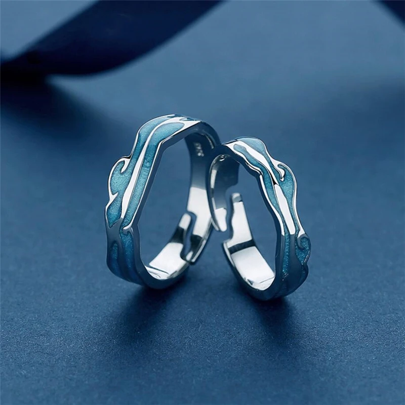 Sole Memory Blue Drop Glaze Wave Couple Ring Sweet Romantic Silver Color Resizable Opening Ring For Women Luxury Jewelry SRI454