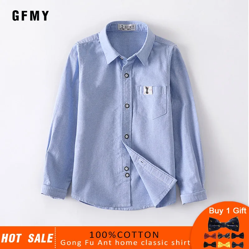 GFMY 2020 Spring 100% Oxford Textile Cotton Full Sleeve Solid Color Blue Boys White Shirt 3T-14T Kid Casual School Clothes 9005