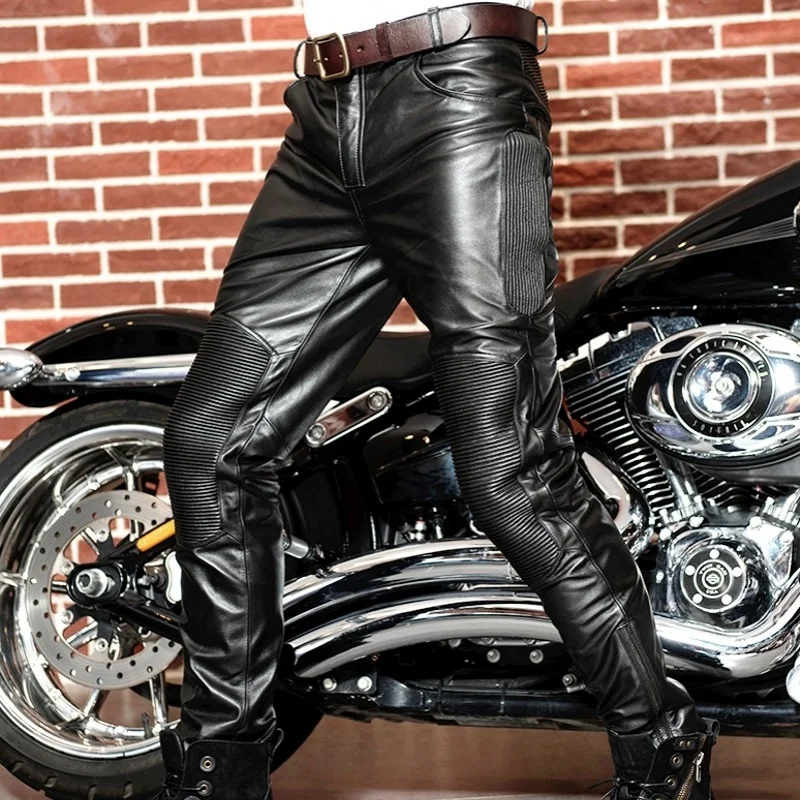 Style Korean Mens Genuine Leather Cow Pants Male New Slim Motorcycle Biker Pants Pantalon Homme Windproof High Quality Plus Size