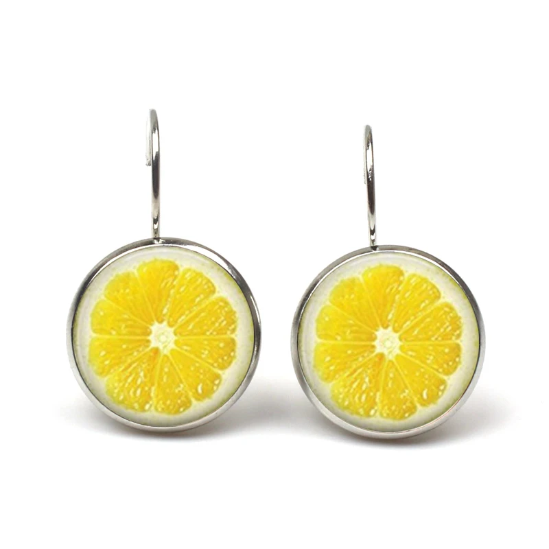 Lemon Slice Earrings Cherry Red Stud Dangle Earring Fruits Jewelry Glass Cabochon drop Earrings Handmade Brincos Vintage