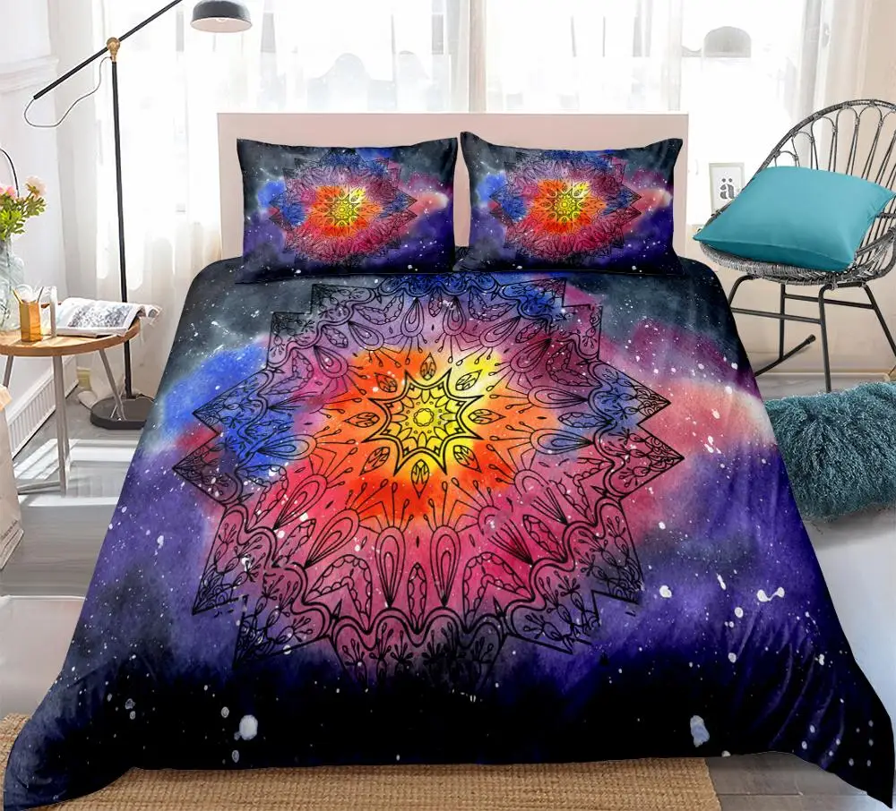 

Mandala Flower Bedding Set Bohemian Girly Duvet Cover Set Colorful Galaxy Home Textiles 3-Piece Floral Blue Bedclothes