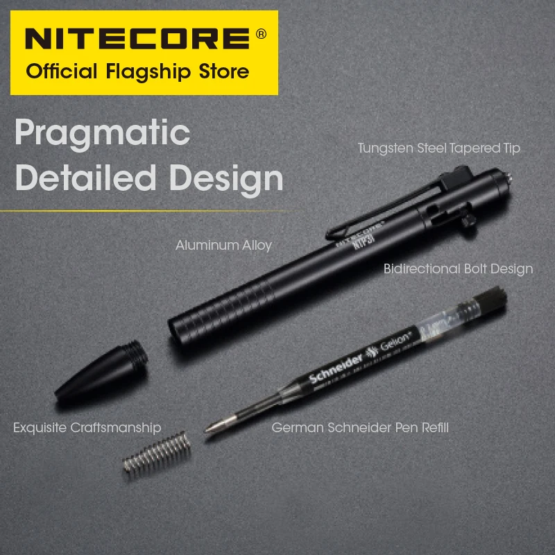 Nitecore NTP31 CNC Bidirectional Bolt Action Tactical Pen Self-defense Ballpoint Pen + Tungsten Steel Tapered Tip Glass Breaker