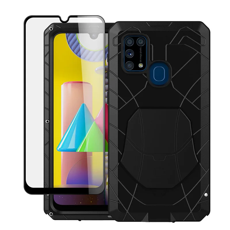 

Case For Samsung Galaxy M31 with Tempered Glass Heavy Duty Hard Metal Aluminum Screen Protector Cover Phone Cases Accessories