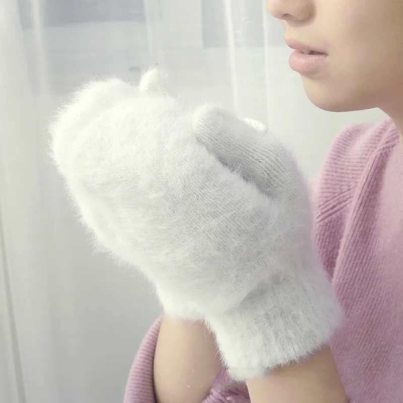 Rabbit Wool Gloves Female Winter Mittens Fur Gloves Fingerless Winter Women Girls Mittens Black Guantes White