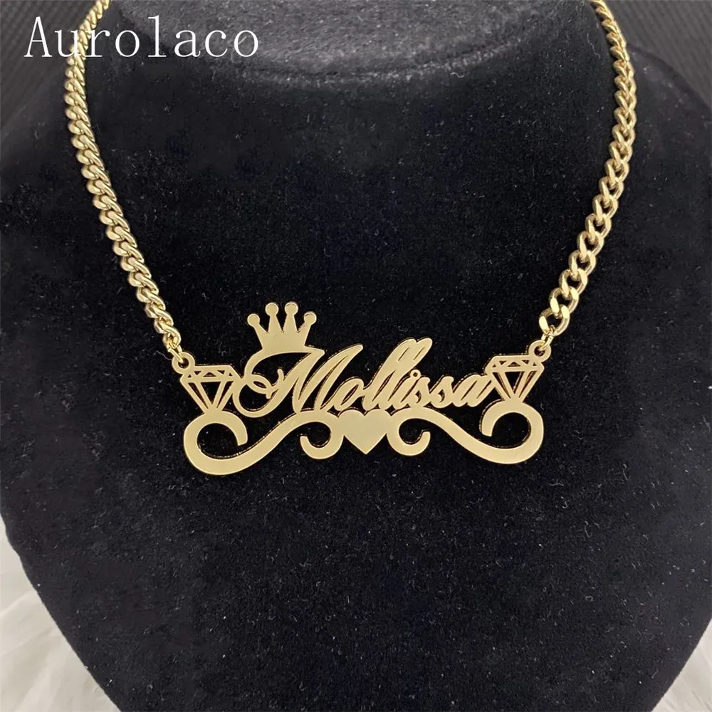 AurolaCo Custom Name Necklace with Crown Personalized Cuban Chain Necklace Stainless Steel Nameplate Necklace for Women Gift