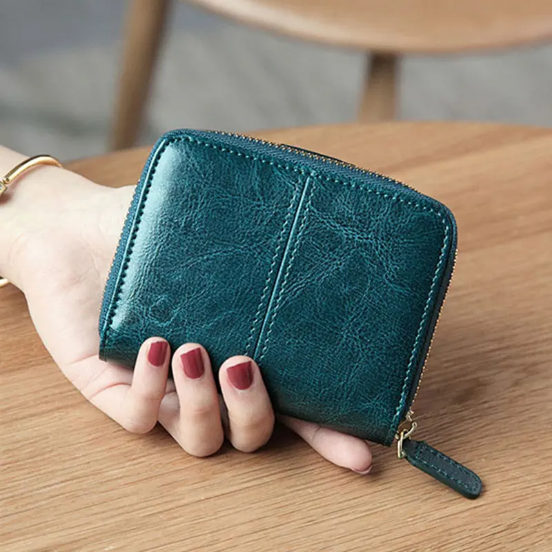 Billfold Oil Wax Genuine Leather Wallets Women Short Mini Clutch Purse Soild Coin Pocket Credit Card Holder Cowhide Bag