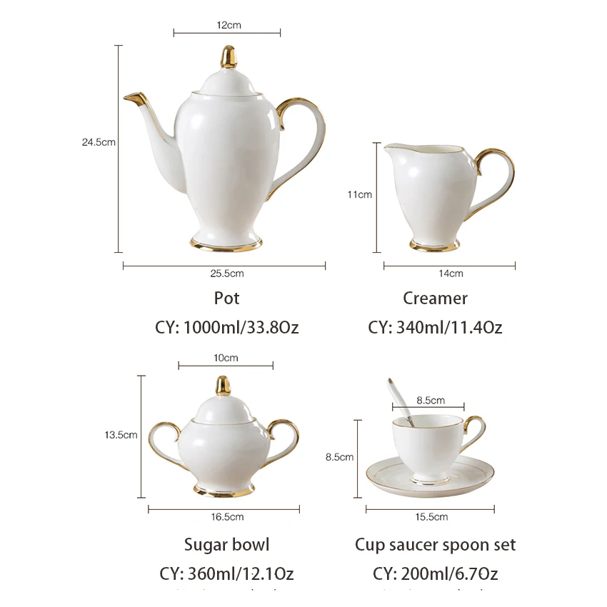 Grace Bone China Coffee Set White Gold Porcelain Tea Set Advanced Pot Cup Ceramic Mug Sugar Bowl Creamer Teapot Milk Jug Teaset