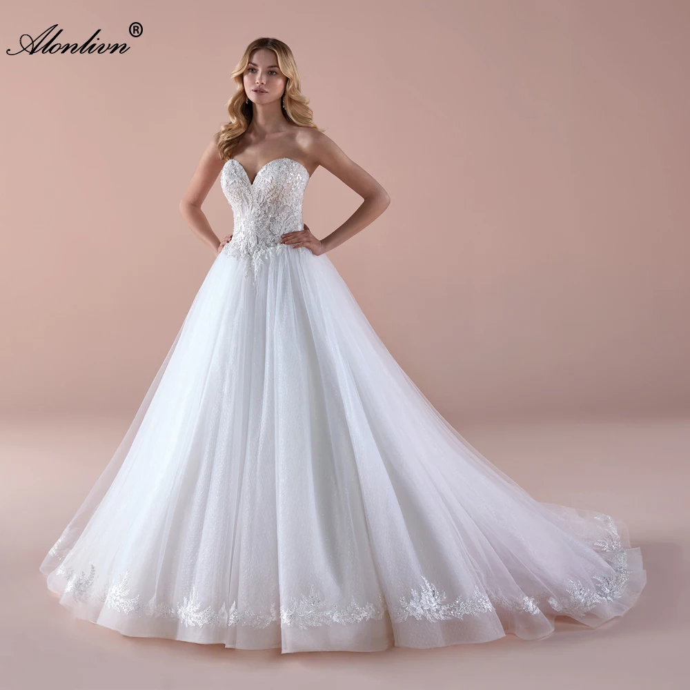 Alonlivn Elegant Style Ball Gown Wedding Dresses Sweetheart Silky Tulle Beading Pearls Lace Bridal Skirts