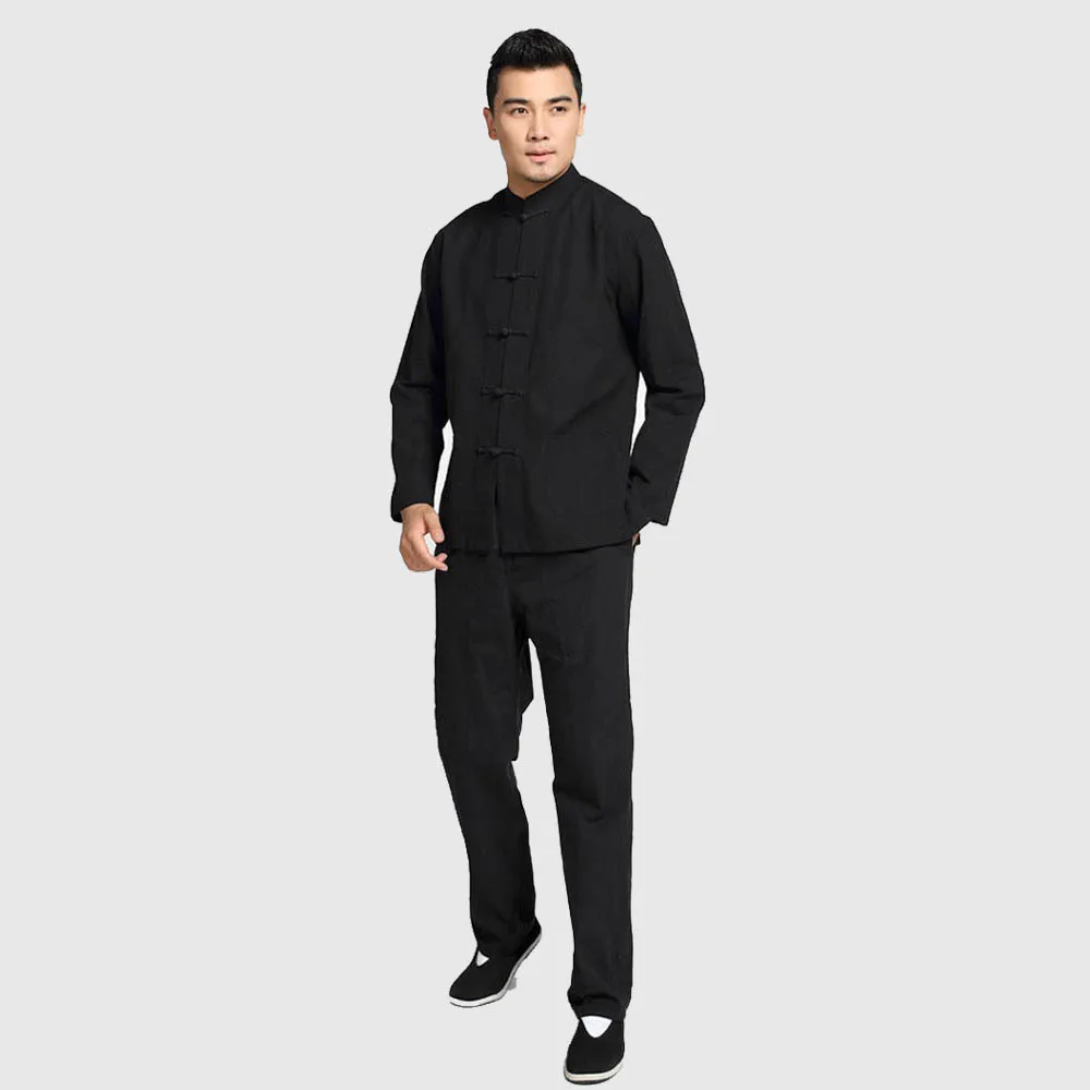 High Quality Jacket&Trousers Chinese Men\'s Solid Kung Fu Suit 100% Cotton Loose Wu Shu Tai Chi Sets new navy blue