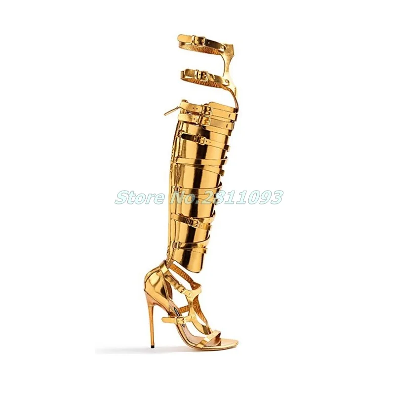 Metal Gold Cut Out Summer Boots Open Toe Stiletto High Heel Over The Knee Multi-Buckle Handmade Top Quality Shoes Runway Party