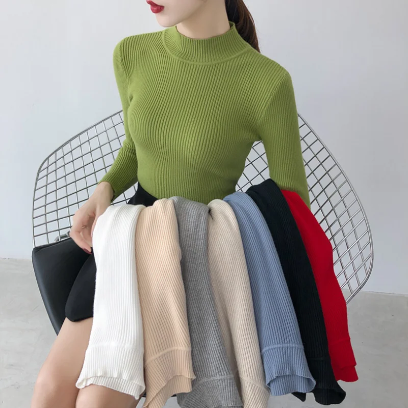 

Autumn Winter Basic Half High Neck Knitting Long Sleeve Bottoming Warm Sweaters 2021 Women's Pullovers Solid Simple Casual Tops
