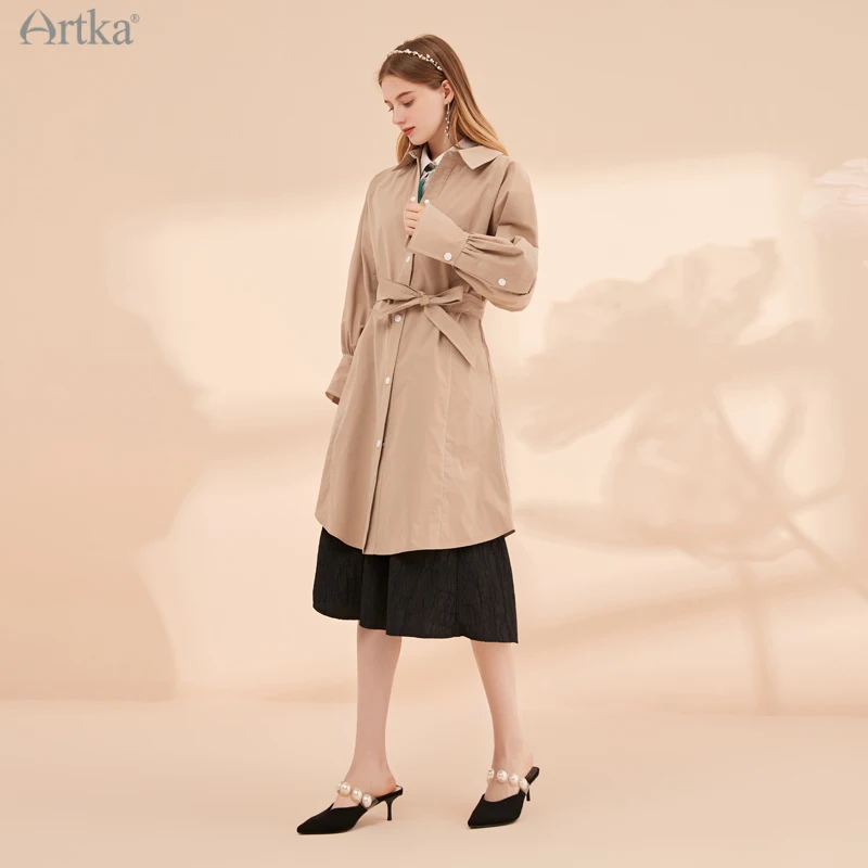 ARTKA 2021 Early Autumn New Women Dress Fashion Trench Coat Style Dresses Casual Long Sleeve Shirt Midi Dress With Belt LA20012Q