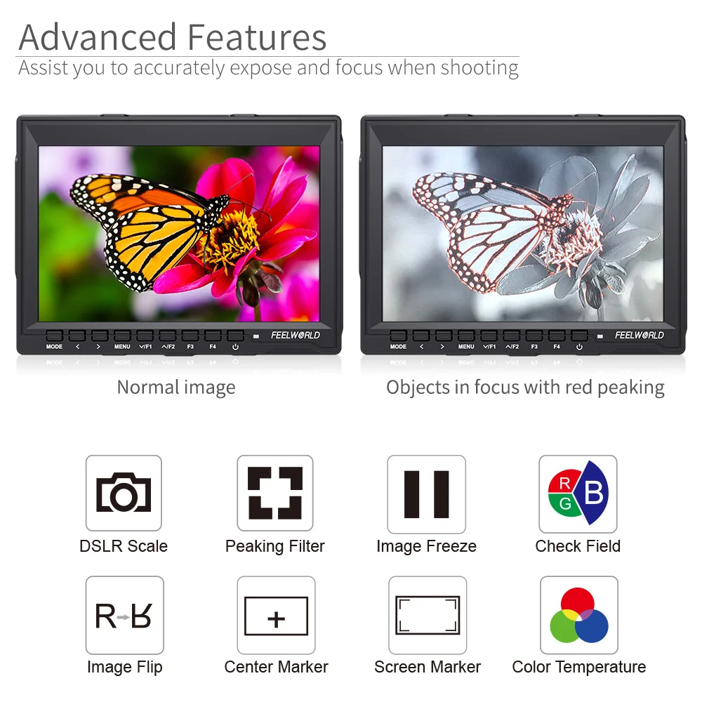 Feelworld 7 Inch HD 1280x800 DSLR Camera Field Monitor 4K HDMI AV Input IPS Screen 1200:1 Steady Contrast Ratio FW759 Moniteur