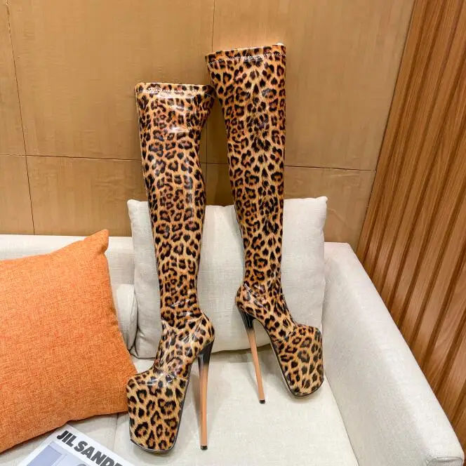 Corssdresser Leopard Print Motorcycle Botas Mujer Over-the-knee Long Boots Platform Shoes Woman 20cm Thin Heels Party 22cm Pumps