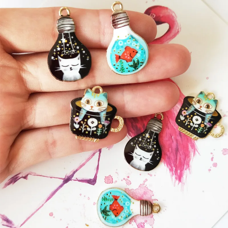 10pcs/pack Light Bulb Cat Cup  Enamel Charms Jewelry Earring Bracelets DIY Pendant Jewelry Making Golden color image 2