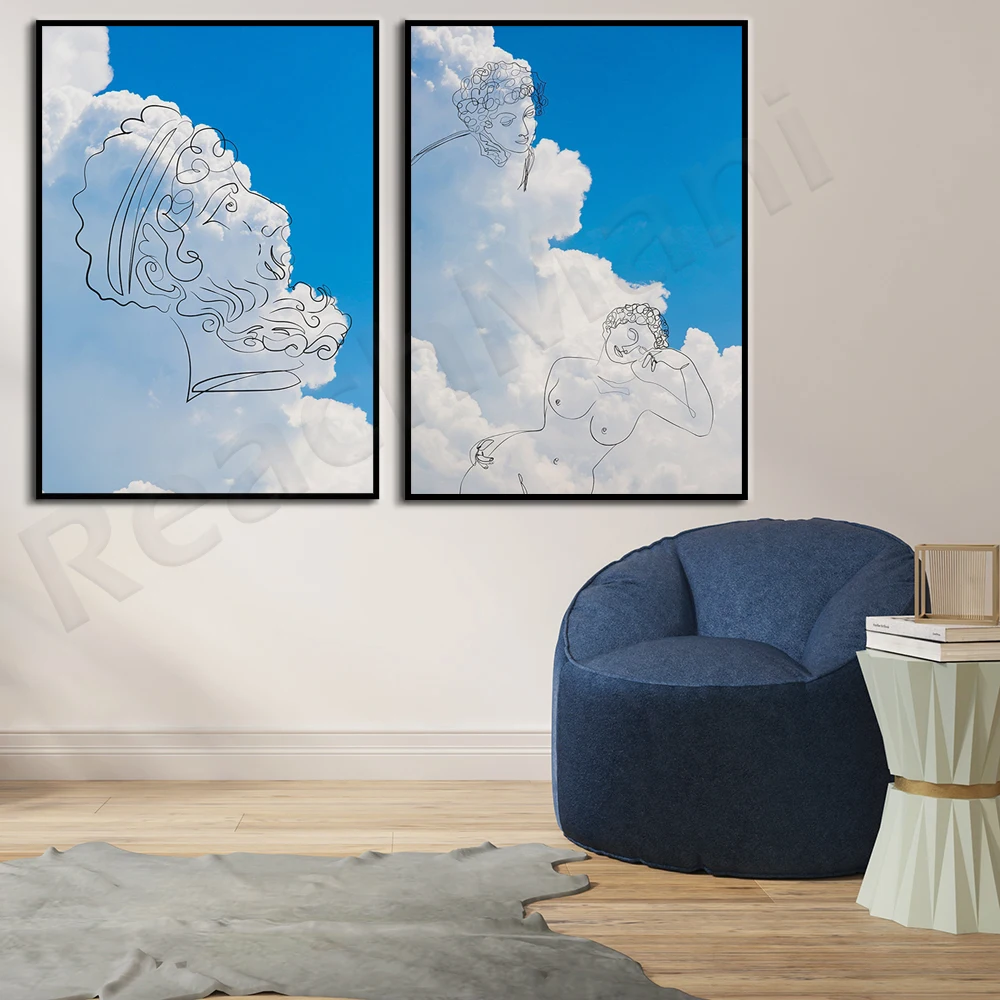 Eros on Cloud Photography Line Art, Eros Print, Sky Blue Line Portrait Cloud Wall Art Wall Decoration Poster, Line Art Print