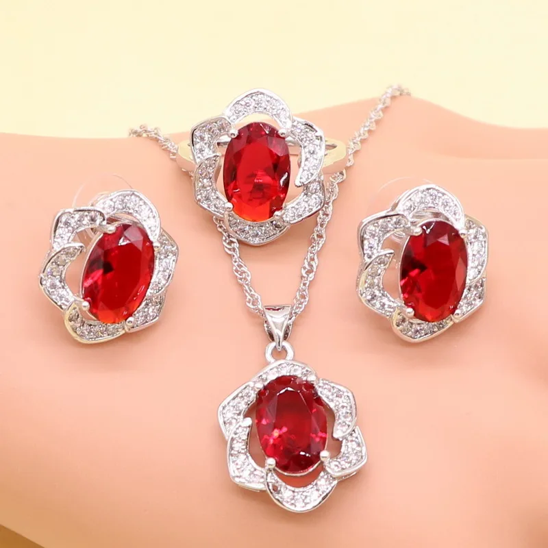  Silver colorcolor Color Jewelry Sets For Women Red Cubic Zirconia Earrings Pendant Necklace Rings Free Gift Box Made in China