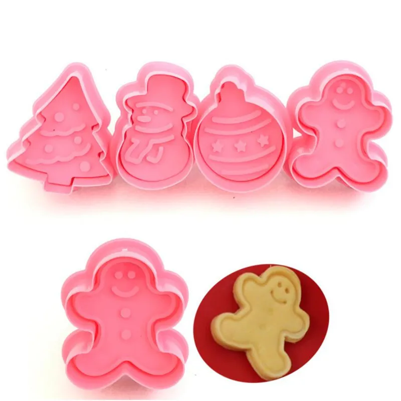 4pcs Cute Baking Biscuit Cutter Mould Plunger Christmas Tree Snowman Cookie Mold Kitchen Baking Cutting Tool Reusable