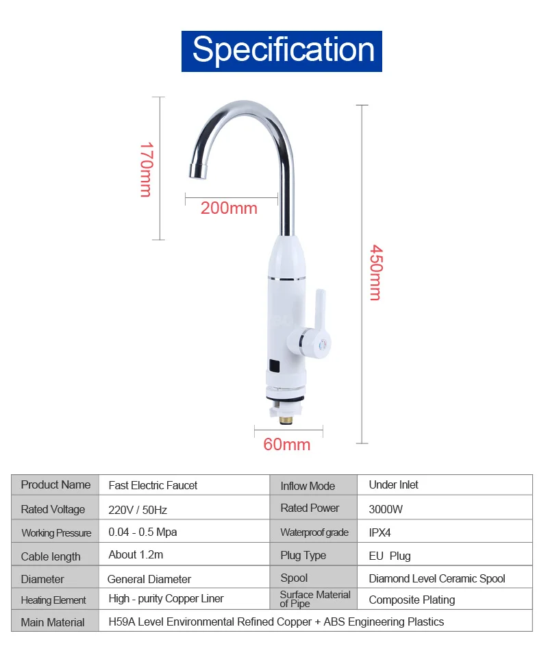 3000W Kitchen Instant Water Heater Faucet Electric Tankless Water Heater LED Digital for Kitchen Cold Hot Dual-Use