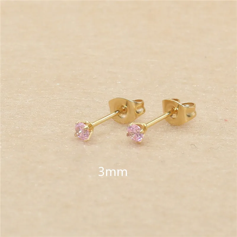 Mini-Ohrstecker aus Edelstahl mit rosa AAA-Zirkonia, 3mm bis 8mm rund, echte goldfarbene Beschichtung, nicht leicht verblassend, allergiefrei – Detail 11
