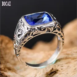 BOCAI NEW S925 Sterling Silver Vintage Fashionable Patterned Set With Zircon Ring for Men