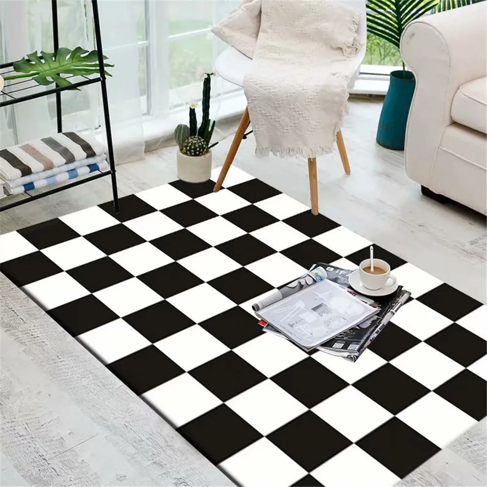 Nordic Style Living Room Area Rug Geometric Grids Bedroom Carpets Kitchen Mat Soft Flannel Non-Slip Bathroom Floor Mat Doormat