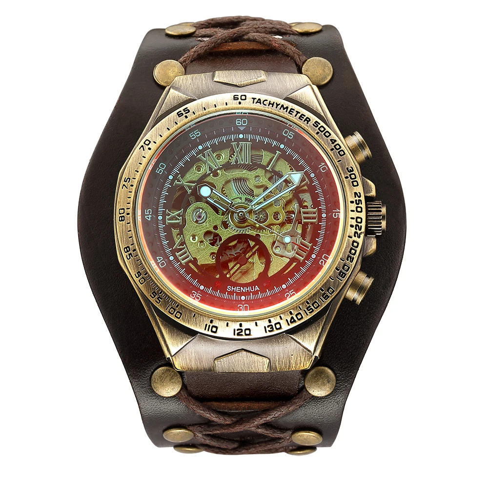 

SHENHUA Bronze Antique Mechanical Watch Automatic Watch Mens Skeleton Watches Bronze Leather Steampunk Men Vintage Sport Wristwatch