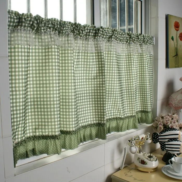 green white checkered short finished curtain no rod bay window lace half curtain bedroom partition curtain semi shading cloth