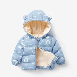 Toddler Baby Winter Coats Kids Velvet Thick Warm Hooded Jackets Boys Girls Cartoon Print Down Cotton Outerwear