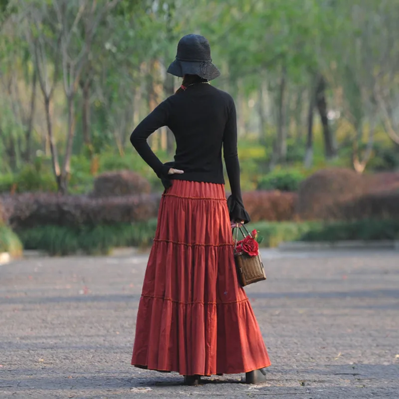 Free Shipping 2022 New Fashion Long Maxi A-line Elastic Waist Women Autumn Winter S-2XL Vintage Corduroy Big Hem  Skirts