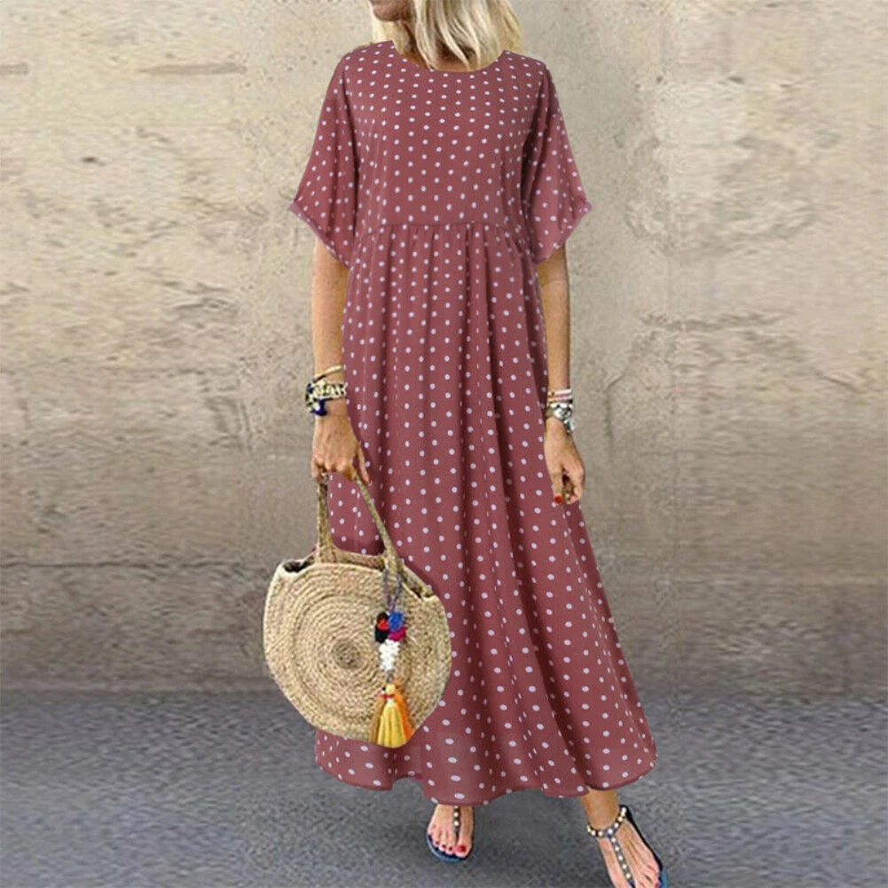 Hot Pakaian Elegan Gaun Kasual Wanita Polka-Dot Cetak Longgar Bulat Leher Pendek Lengan Panjang Maxi Gaun