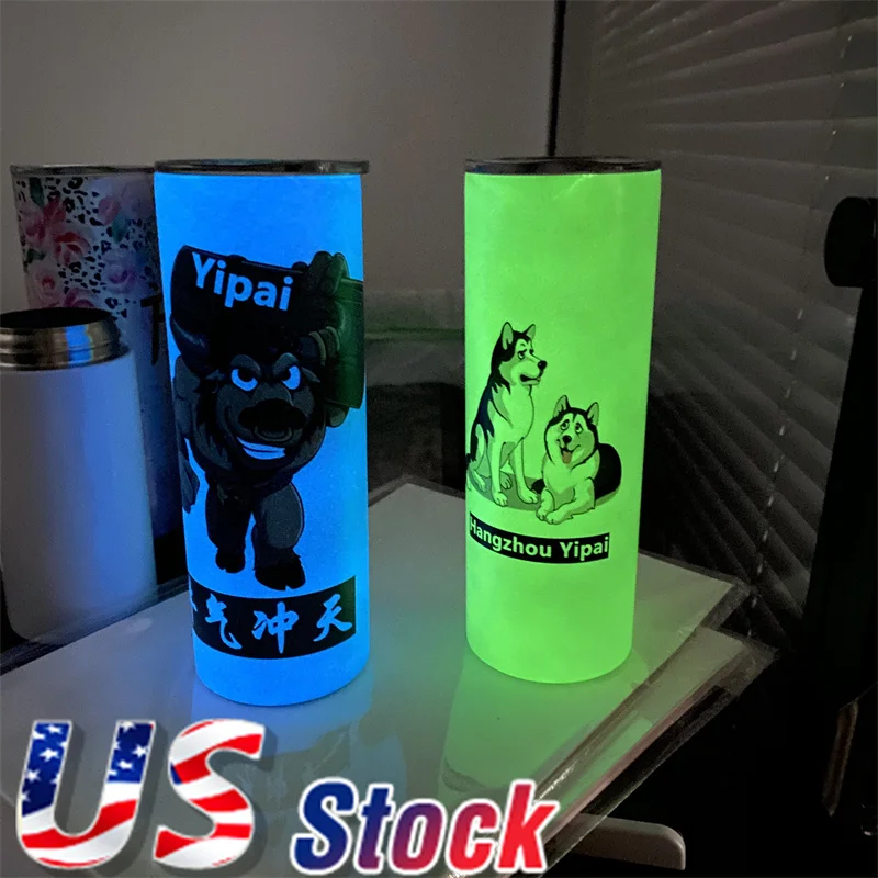 20oz Sublimation Blanks Straight Cup Glow In The Dark Skinny Tumbler Water Bottle with Closed Lid and Straw for Heat Press