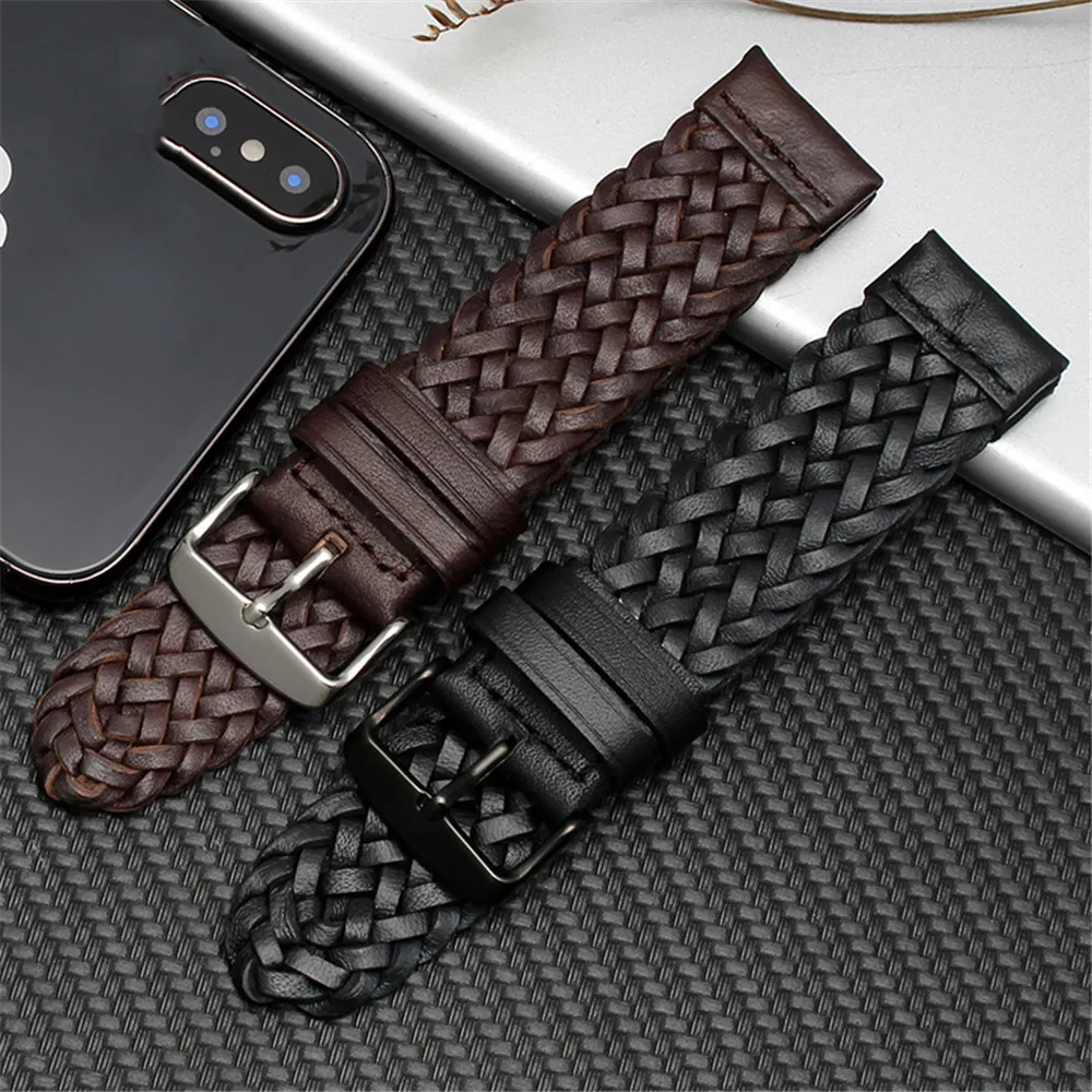 20mm 22mm 24mm Genuine Leather Braided Watch Strap Men Women Universal Quick Release Cowhide Wrist Band Bracelet Accessories