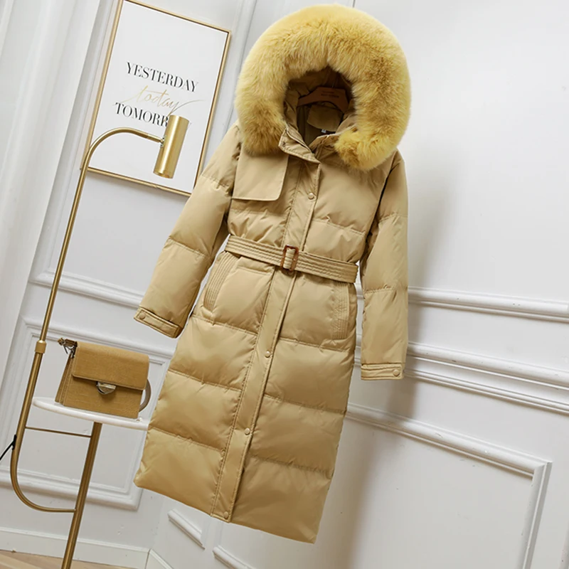 

Novel Winter Real Fox Big Fur Long Parka mid-Length Winter Pocket Jacket Female Belt White Duck Down Coat Long