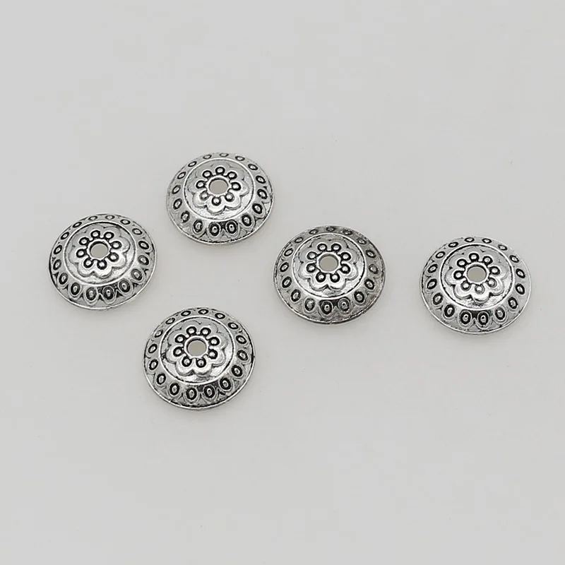 50pcs/lot Bohemia Antique Silver Flower Round Bead Caps 14mm Decoration Zinc Alloy Beaded End Cap Charms DIY Jewelry Findings