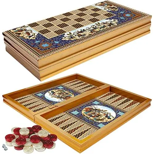 LaModaHome 19.7 \'\'Turkish Backgammon Set, Horses Figure Wooden, Board Game for Family Game Nights, modern Elite Vinyl Unscratcha