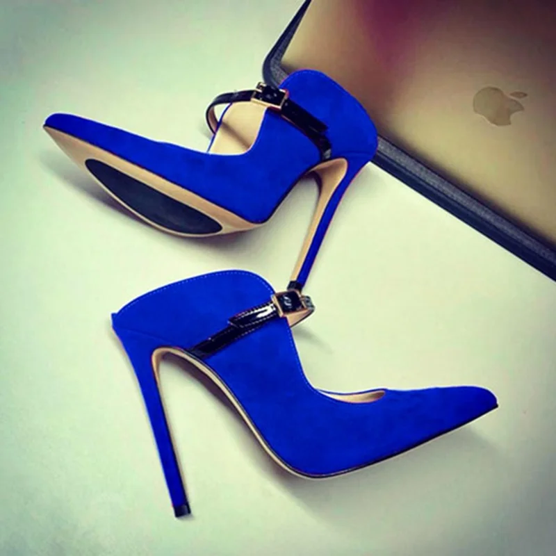 

Sexy Mules Shoes Women High Heels Blue Purple Red Suede Buckle Strap Pointed Toe Party Shoes Cut-out Gladiator Heels Cage Pumps