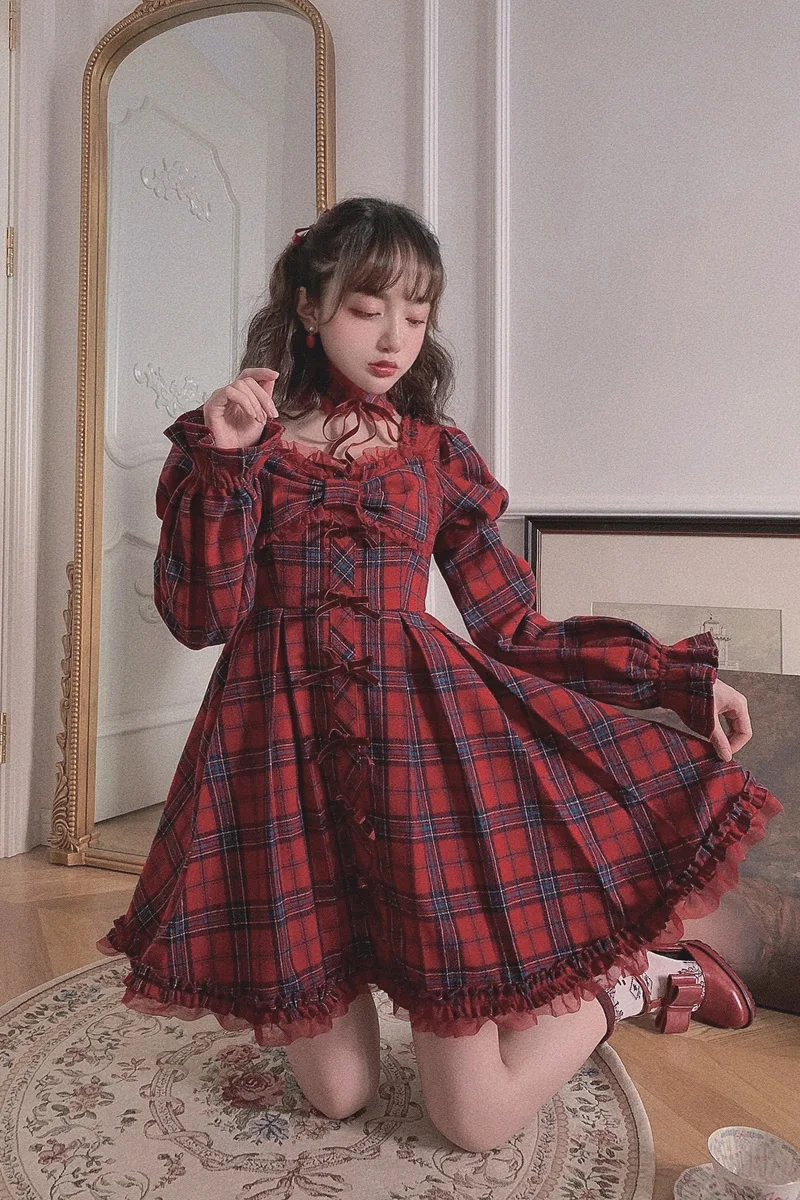 Princess sweet lolita dress Bobon21 Japanese sweet soft sister vintage dress Christmas Red Plaid Bow Dress fashion women D1828