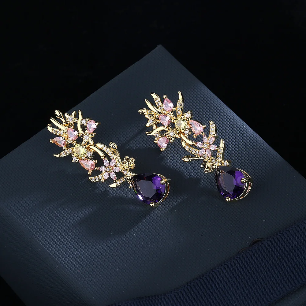 Exaggerated atmosphere zircon flower earrings fashion colored diamond hollow catwalk street photography female party jewelry