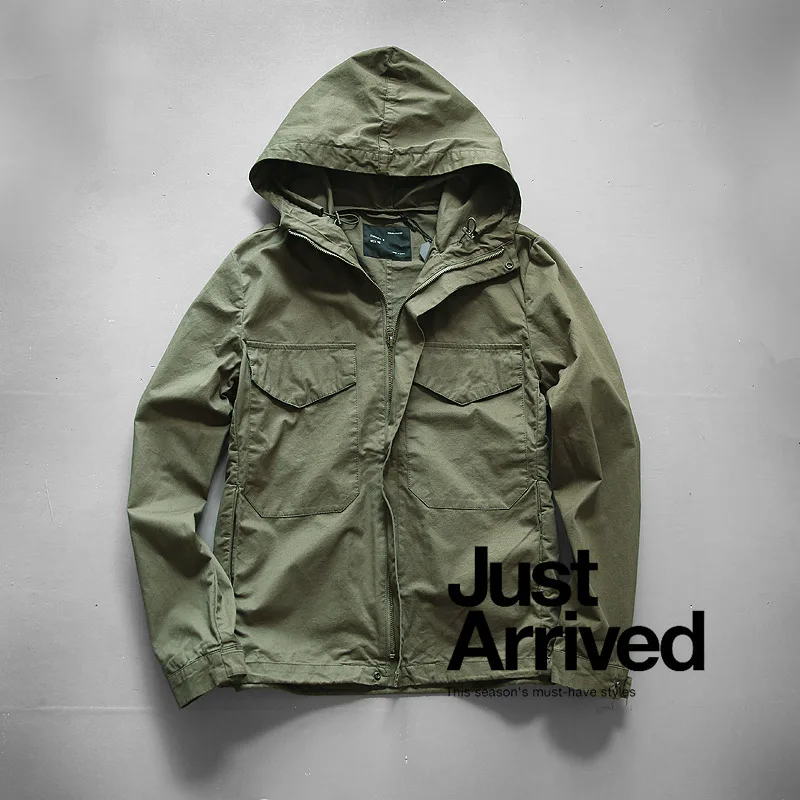 2021 Autumn Winter New M65 Zipper Woven Hooded Short Windbreaker Coat Men's Fashion Pure Cotton Washed Old Casual Thin Jacket