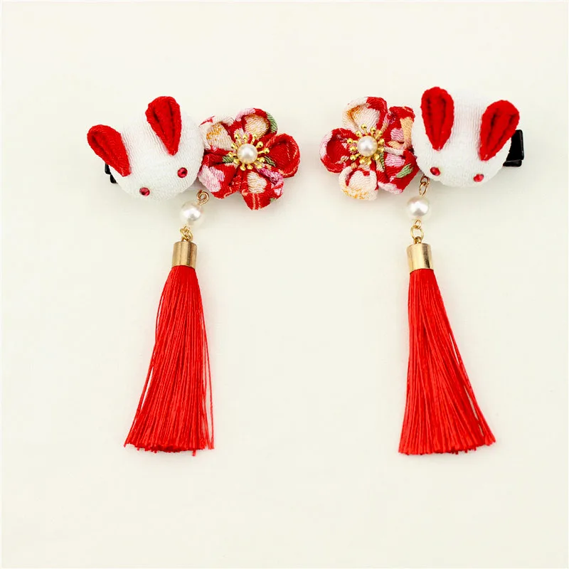 

Kanzashi Flower Maru-tsumami Rabbbit Hair Clip Tassel for Kids Shichi-go-san Geisha Sakura Kimono Yukanta Outfit Ornaments HW081