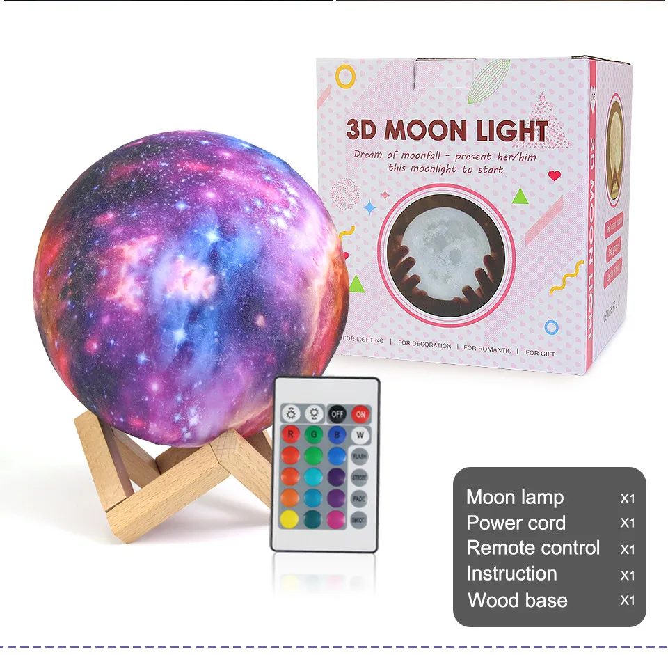 3D Printed Star Moon Lights 16 Colors Change Touch And Remote Control Galaxy Light For Gifts Built-in battery and USB Charger