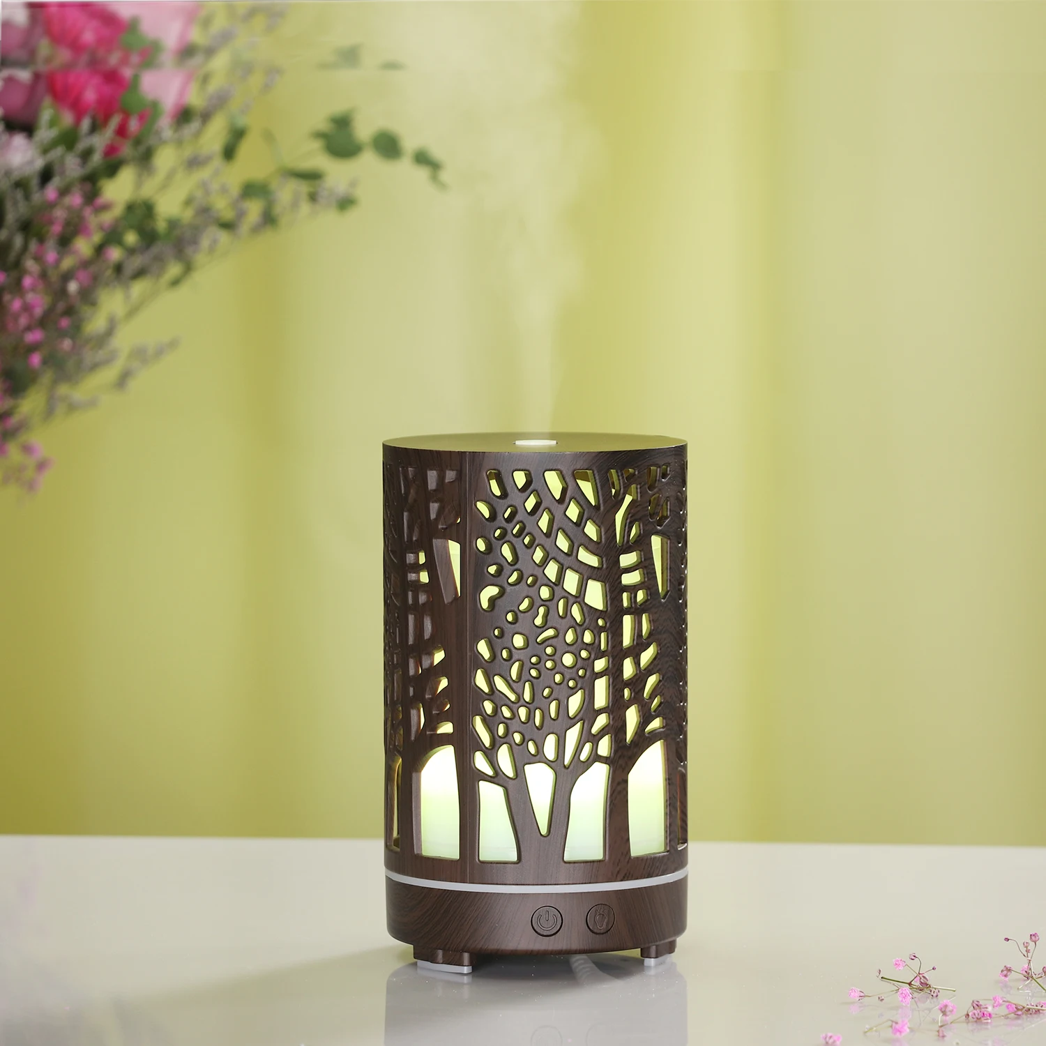 2021 200Ml Hot Koop Gift Usb Bos Patroon Hollow Ultrasone Luchtbevochtiger Smart Aromatherapie Aroma Diffuser 7 Led Verlichting