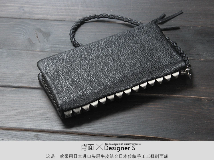 Fashion PUNK Rivet Chain Genuine Leather Wallet Men Long wallet Male Purse Clutch Bag Money clip Phone Case Black WL009