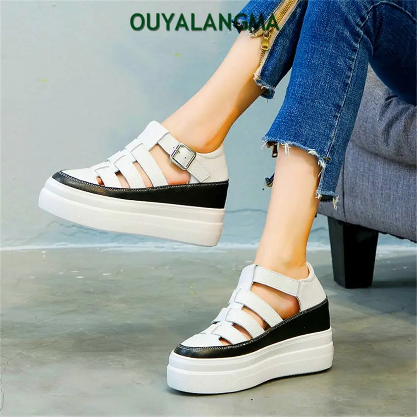 Chunky Sandals Women's Cow Leather Round Toe Platform Fashion Sneaker Summer Thick Sole Oxfords Casual Shoes Comfort